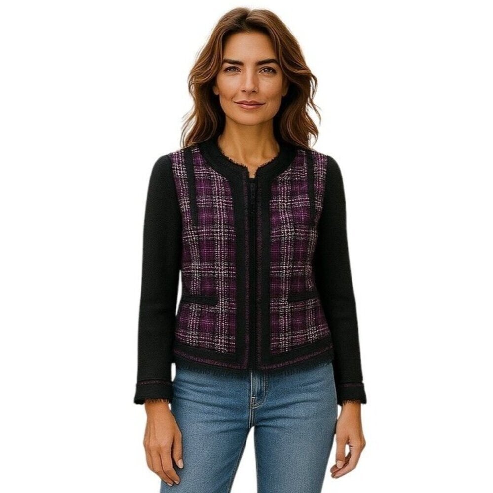 Katherine New York Womens Medium Purple & Black Plaid Blazer With Fringe Trim